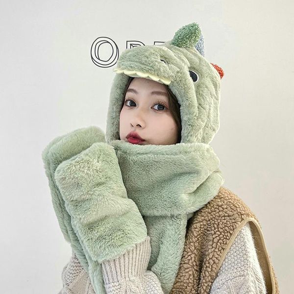 Berretti 2022 Moda Donna Cute Cartoon Dinosaur HatImitazione Berretto di visone Ragazza Inverno Calore addensato con guanti sciarpa Cappello di un pezzo