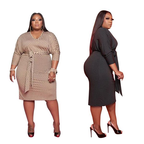 

women clothes long sleeve dot dresses with lace up office ladies plus size dot dress elegance, Black