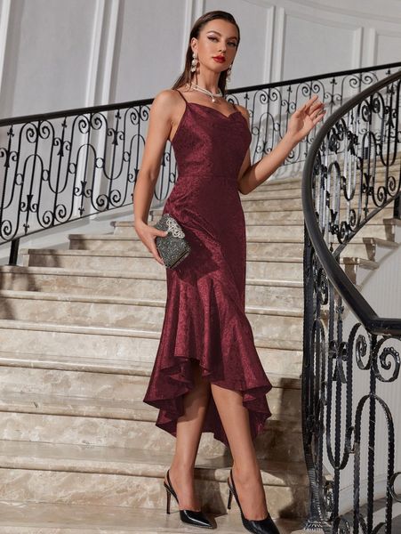 

jacquard draped ruffle trim asymmetrical hem satin prom dress s34g#, Black;gray