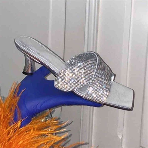 

slippers women's square head silver slippers women's summer shoes crystal slider open, Black