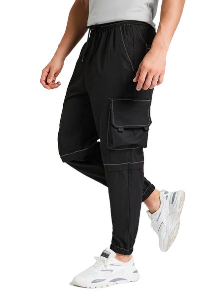 

men flap pocket side cargo pants p3t5#, Black