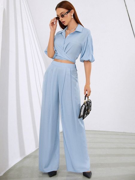 

button through cross wrap blouse & wide leg pants 02b1#, White