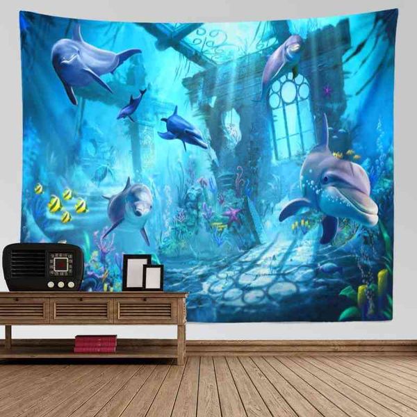 Underwater World Tapeçaria pendurada Tartaruga Tartaruga Mermaid Dolphin 3D Impressão da sala de estar quarto dormitório J220804