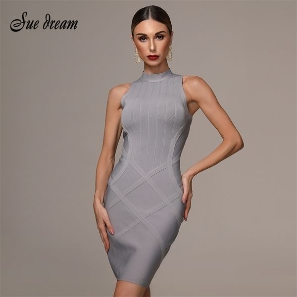 

autumn women sleeveless turtleneck bandage dress bodycon striped celebrity party elegant gray dresses vestidos y200418, Black;pink