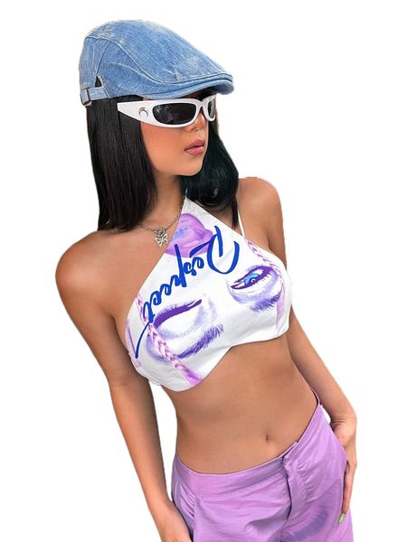 

figure & letter graphic one shoulder crop a713#, White