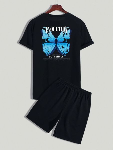 

romwe guys butterfly letter graphic tee & drawstring shorts y0dv#, Gray