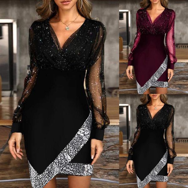 

women's casual dresses mesh patchwork dress v-neck solid color one-step skirt socket perspective long sleeve irregular hem sequins deco, Black;gray