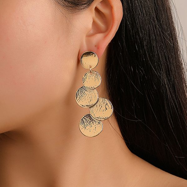 

round piece multi level dangle earrings women metal joint a hand of disc stud earring female party dress banquet wearing gold ear drop whole, Silver