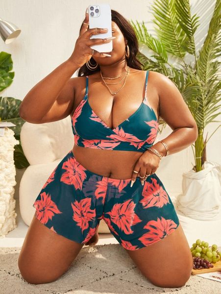 

plus floral print bikini swimsuit & cover up shorts f7cm#, White;black