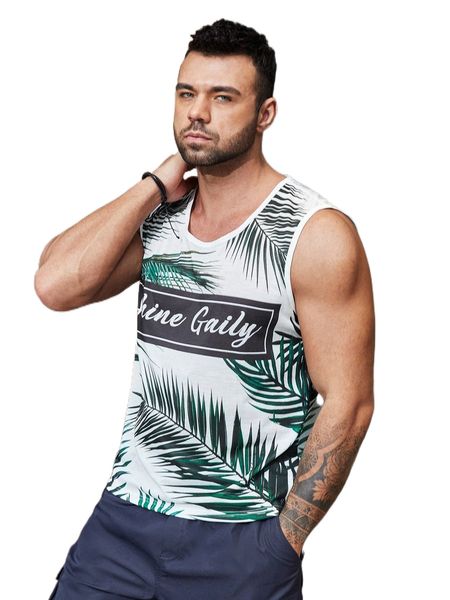

men tropical & letter graphic tank k84q#, White;black