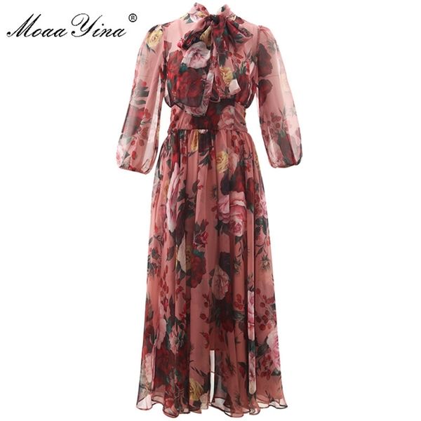 

moaayina fashion runway dress spring summer women pink dress bow collar rose floral-print elegant chiffon dresses 220516, Black;gray