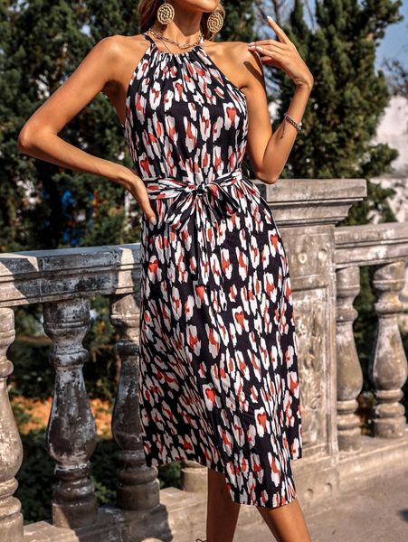 

allover print halter neck tie back slit thigh belted dress m1z5#, Black;gray