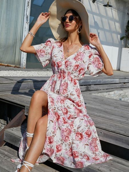 

floral print split thigh dress l4nk#, Black;gray