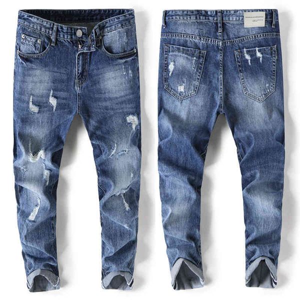 

men's jeans men's fashion with holes korean straight jeans slim fit elastic small feet l7j8, Blue