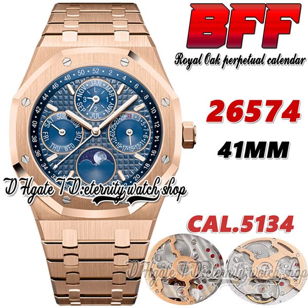 

bff bf26574 complicated function cal.5134 bf5134 automatic mens watch 41mm moon phase blue textured dial stick markers rose gold steel brace, Slivery;brown
