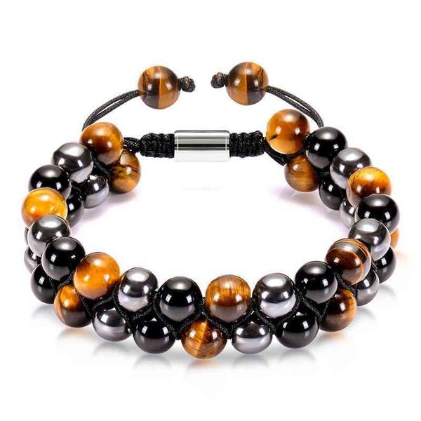 

natural tiger eye stone black agate double layer bracelet hand woven black magnet double row hand string jewelry, Golden;silver