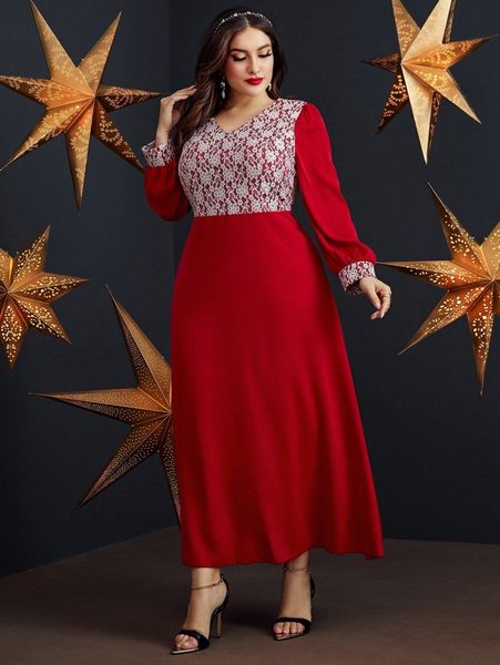 

plus contrast lace bishop sleeve dress m9di#, Black