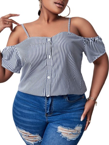 

sxy plus vertical striped cold shoulder blouse 71vt#, Black