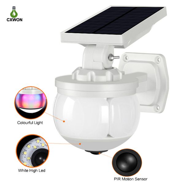 60 LED Solar Licht Motion Sensor Sicherheit Dummy Kamera Drahtlose Bunte Outdoor Scheinwerfer IP65 Wasserdichte Lampe 3 Modus Für Haus garten