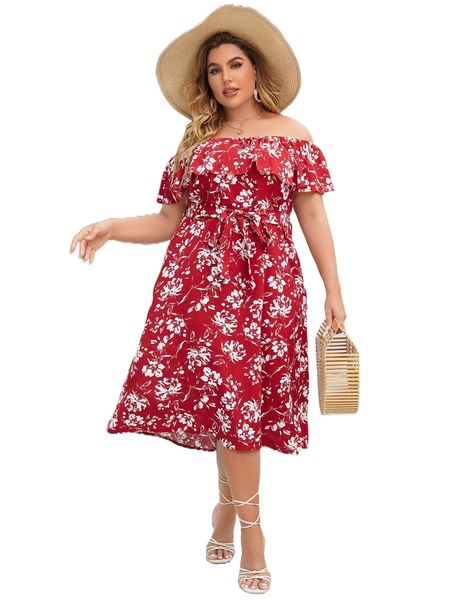 

plus allover floral print belted bardot dress c1vt#, Black