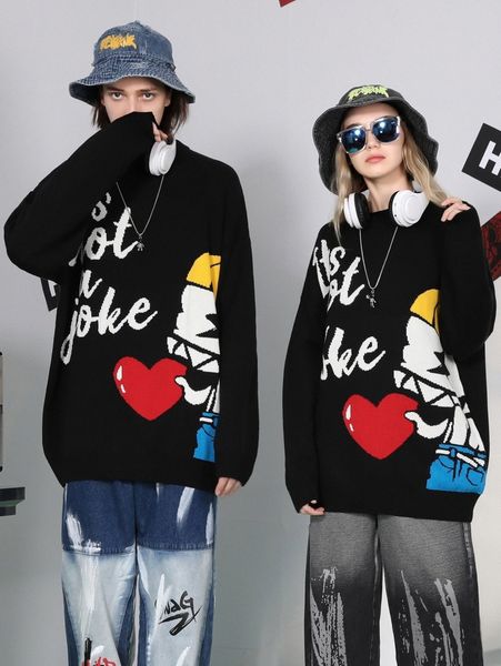 

1pc slogan & cartoon pattern drop shoulder sweater 30e9#, White;black