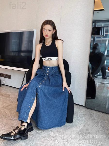 

skirts designer c cel spring and summer new high waist medium length a-line denim skirt women's solid thin, Black