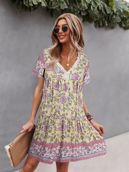 

floral print v-neck smock dress v1ws#, Black;gray