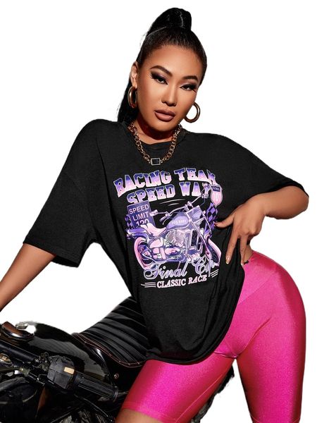 

motorcycle & letter drop shoulder tee 18x0#, White
