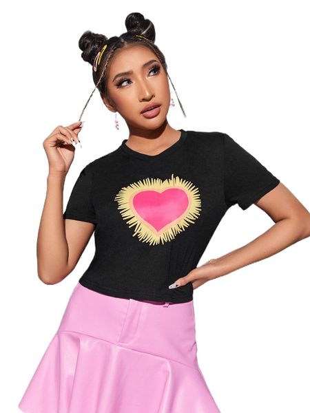 

heart print round neck tee r0mj#, White