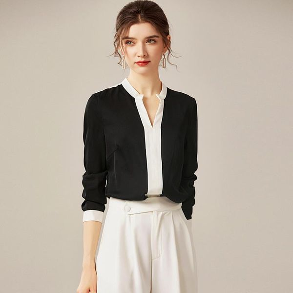 

women's blouses & shirts silk blouse women shirt patchwork printed elegant design v neck three quarter sleeve casual simple style, White