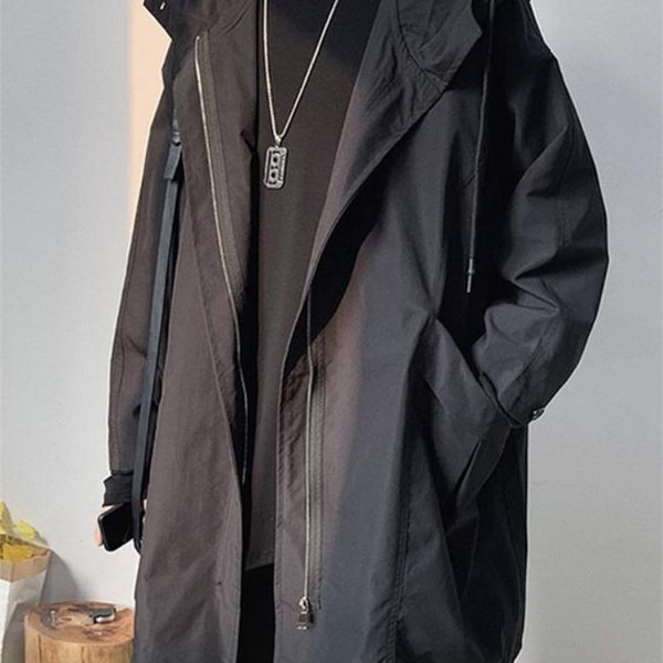 

windbreaker mens midlength spring autumn trench coat hooded jacket korean trend handsome preppy cape cloak punk streetwear 220804, Black;brown