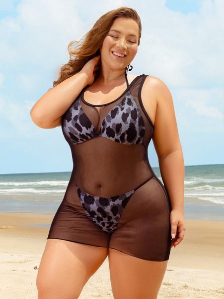 

3pack plus leopard halter bikini swimsuit & cover up l7dl#, White;black