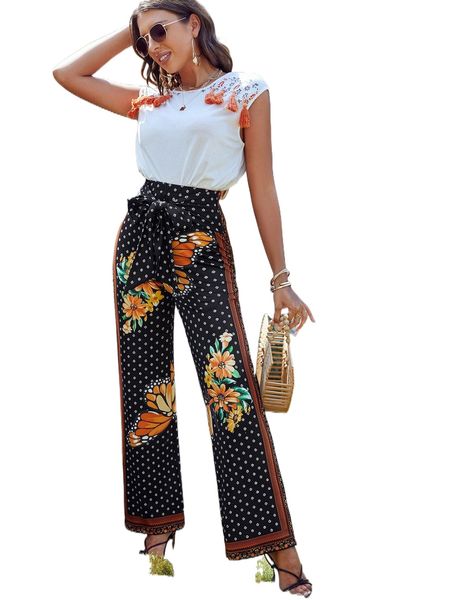 

sxy butterfly & floral print tie front straight leg pants 23nx#, Black;white
