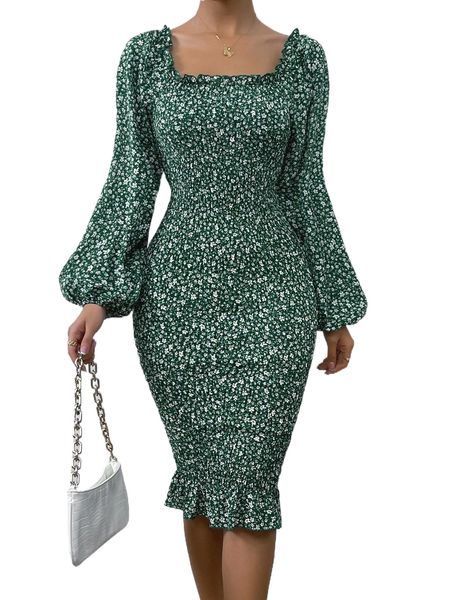 

ditsy floral print lantern sleeve shirred dress t7t3#, Black;gray