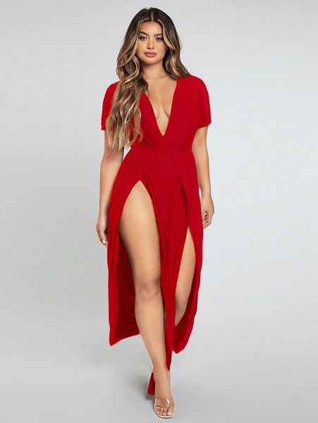 

plunging neck split thigh dress w9mo#, Black;gray