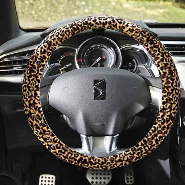 

1pc steering wheel cover set waterproof anti-skid leopard print car wheel protector with keychain grip cover interior decoration y220422