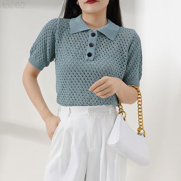 

women's sweaters designer []new summer hong kong style fashionable temperament mesh polo collar short foreign knitted women fuh2, White;black
