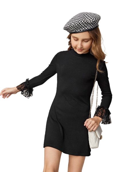 

girls flounce sleeve mock neck dress g1yn#, Black;white
