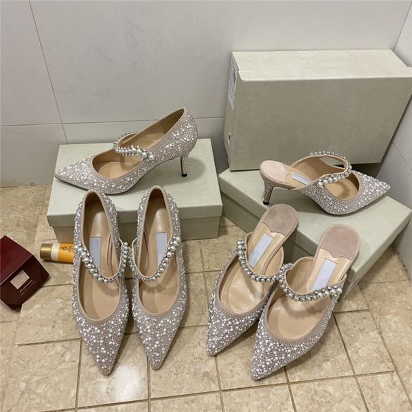 sandali firmati di lusso scarpe da sera da banchetto estive da donna scarpe tacco alto pompe sexy punta a punta sling back scarpe da donna con lacci in cristallo argento glitter tulle muli taglia 3540