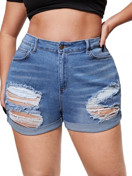 

plus ripped rolled hem denim shorts x6zs#, White;black