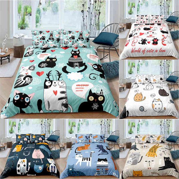 Heimtextilien Cartoons süße Katze Bettbezug Bettdecke Kissenbezug Junge Mädchen 2/3-teiliges Bettwäscheset King Queen Twin Size