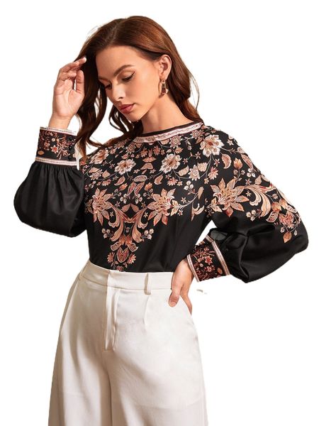 

botanical print bishop sleeve a86c#, White