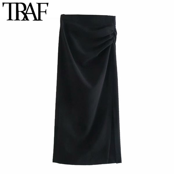 

traf women fashion office wear draped pencil midi skirt vintage high waist side zipper slit hem female skirts mujer 220324, Black
