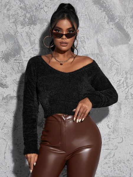 

sxy scoop neck drop shoulder fuzzy knit sweater r3hu#, White;black