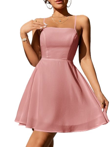 

petite criss-cross tie backless cami dress v6t8#, Black;gray