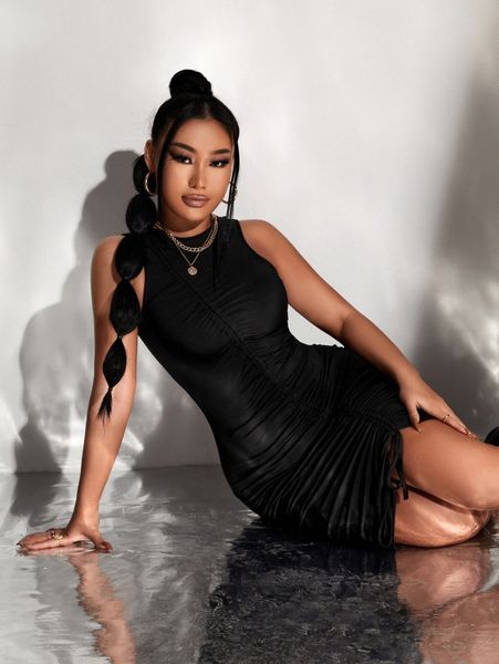 

sxy drawstring ruched bodycon tank dress t5gs#, Black;gray