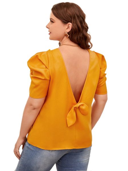

plus v back puff sleeve blouse z15d#, Black