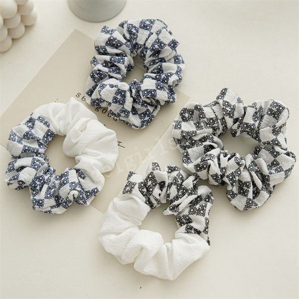 

spring colorblock checkered hairband women ponytail holder hair accessories elastic femme hair ties rope headwear, Slivery;white