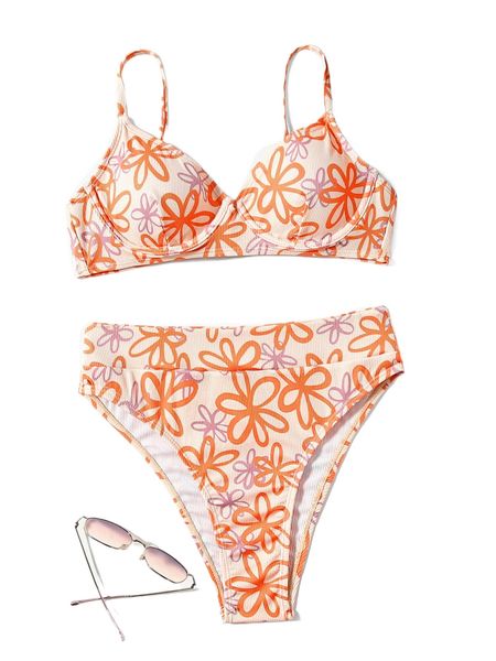 

floral print underwire high waisted bikini swimsuit 17mp#, White;black