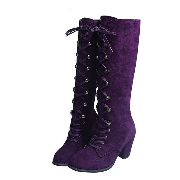 

winter autumn woman knee high boots woman long boots lace up fashion sweet woman boots daily footwear 34-43 purple square heel 220813, Black